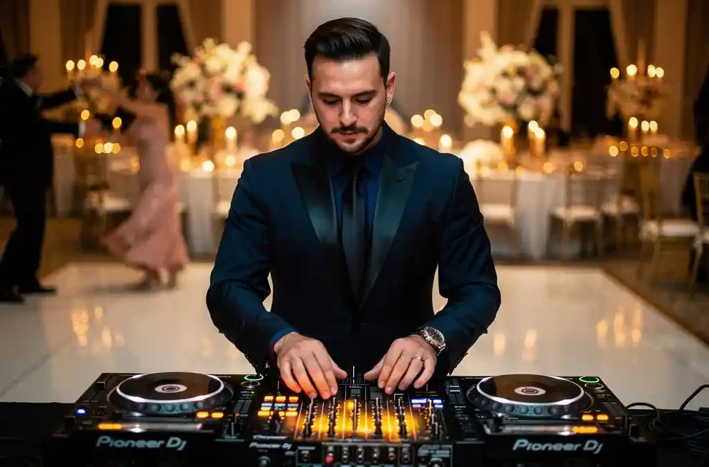 DJ achter verlichte draaitafels tijdens een elegante bruiloftsreceptie in een feestzaal met kaarslicht en dansende gasten.