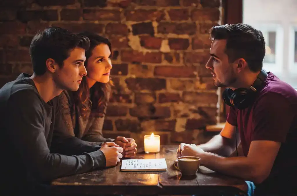 Nerveus stel bespreekt bruiloft-dj-budget met professional aan cafétafel in sfeervol Limburgs interieur.
