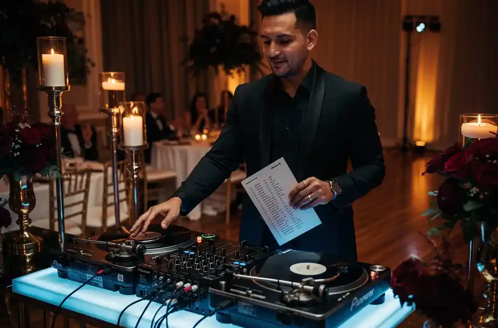 DJ draait vinyl op verlichte booth in elegante trouwzaal, met setlist in hand, omgeven door kaarslicht en warme gouden tinten.