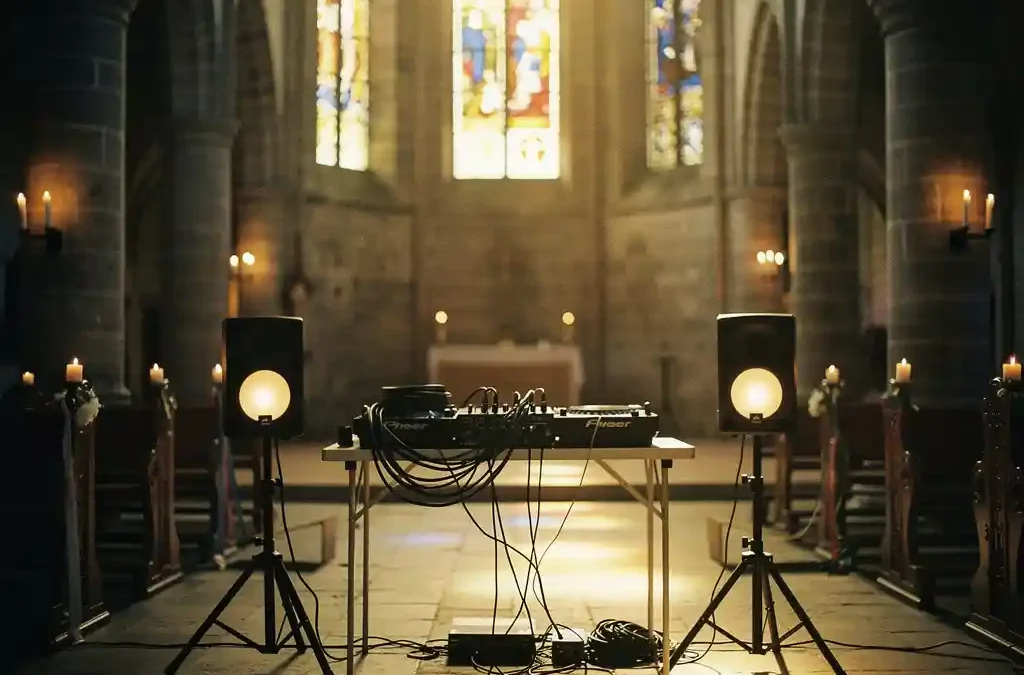 Bruiloft DJ-opstelling met mixer en speakers in een Limburgse stenen kerk, omgeven door kaarslicht en glas-in-loodramen.